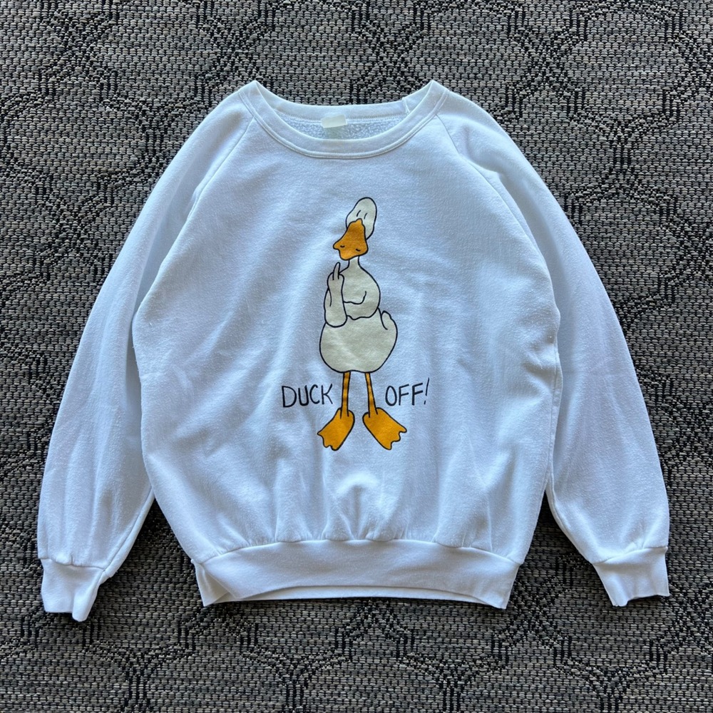 Vintage Duck Sweatshirt Mens XL White Funny Sarcastic Joke Animal Humour Raglan